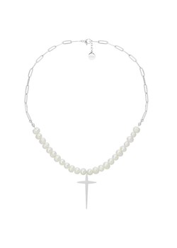 Naszyjnik perły z łańcuchem i krzyżem stal szlachetna ze sklepu manoki.pl w kategorii Naszyjniki - zdjęcie 126521893