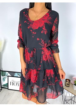 Czarna Sukienka w Kwiaty z Falbankami ze sklepu ModnaKiecka.pl w kategorii Sukienki - zdjęcie 126707683