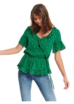 Top Secret bluzka damska zielona z tkaniny w grochy z żabotem 