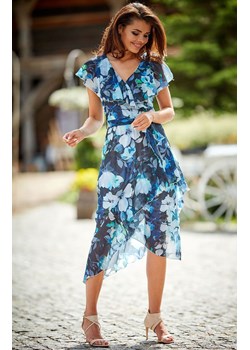 Elegancka sukienka midi w kwiaty z falbaną A308, Kolor granatowy, Rozmiar S, Awama ze sklepu Primodo w kategorii Sukienki - zdjęcie 140690082