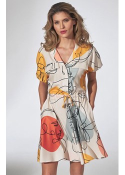 Rozkloszowana sukienka mini z kołnierzykiem we wzory M739 Wzór 123, Kolor biało-czarno-żółty, Rozmiar L, Figl ze sklepu Primodo w kategorii Sukienki - zdjęcie 140694210