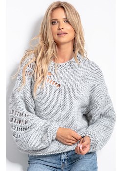 Sweter z wełną Chunky Knit F1054, Kolor szary, Rozmiar one size, Fobya ze sklepu Primodo w kategorii Swetry damskie - zdjęcie 140694913