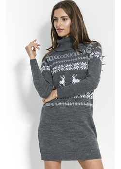 Dzianinowa sukienka świąteczna z golfem długi sweter F853, Kolor grafitowy-wzór, Rozmiar S/M, Fobya ze sklepu Primodo w kategorii Sukienki - zdjęcie 140696003