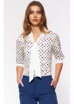 Koszula damska ecru w kolorowe kropki z wiązaniem B140, Kolor ecru-fioletowy, Rozmiar 36, Nife ze sklepu Primodo w kategorii Bluzki damskie - zdjęcie 140705754