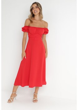 Czerwona Sukienka Midi z Dekoltem Carmen i Bufiastymi Rękawkami Amarhis ze sklepu Born2be Odzież w kategorii Sukienki - zdjęcie 141155544