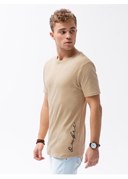 T-shirt męski bawełniany z nadrukiem S1387 - beżowy ze sklepu ombre w kategorii T-shirty męskie - zdjęcie 142721012
