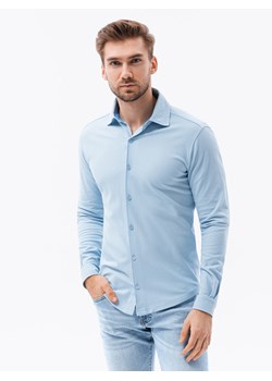 Koszula męska dzianinowa z długim rękawem - niebieska V3 K540 ze sklepu ombre w kategorii Koszule męskie - zdjęcie 142722632