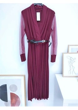 długa sukienka plisa porto z paskiem długi rękaw bordowa ze sklepu STYLOWO w kategorii Sukienki - zdjęcie 143405191