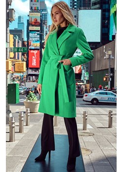 Zielony płaszcz z wełną o klasycznym kroju z paskiem M708, Kolor zielony, Rozmiar L, MOE ze sklepu Primodo w kategorii Płaszcze damskie - zdjęcie 143566412
