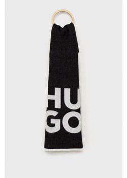 HUGO szalik wełniany kolor czarny z nadrukiem ze sklepu ANSWEAR.com w kategorii Szaliki i chusty damskie - zdjęcie 143619060