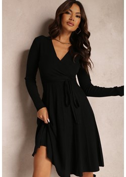 Czarna Sukienka Dzianinowa i Rozkloszowana z Kopertowym Dekoltem Dil ze sklepu Renee odzież w kategorii Sukienki - zdjęcie 143780861