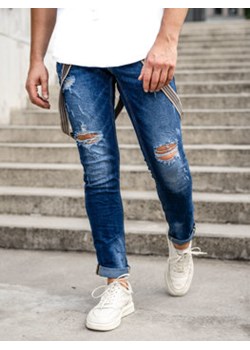 Granatowe spodnie jeansowe męskie slim fit z szelkami Denley KS2056 ze sklepu Denley w kategorii Jeansy męskie - zdjęcie 144264462