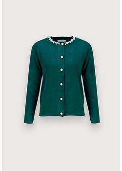 Zielony rozpinany sweter z dekoltem zdobionym perłami ze sklepu Molton w kategorii Swetry damskie - zdjęcie 144280352