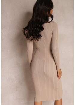 Beżowa Sukienka Dopasowana z Prążkowanej Wiskozy Nazakat ze sklepu Renee odzież w kategorii Sukienki - zdjęcie 144353081