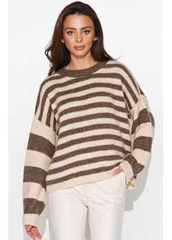 Sweter paski moherowy oversize w kolorze jasnego beżu i czekolady NU_S86, Kolor brązowo-beżowy, Rozmiar one size, NUMINOU ze sklepu Primodo w kategorii Swetry damskie - zdjęcie 144372981