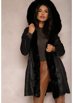 Czarny Płaszcz Taliowany z Futerkiem Raphi ze sklepu Renee odzież w kategorii Płaszcze damskie - zdjęcie 145041644