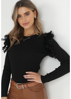 Czarny Sweter z Piórami i Koralikami Feco ze sklepu Born2be Odzież w kategorii Swetry damskie - zdjęcie 145070780