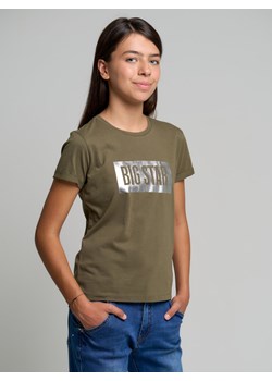 Koszulka dziewczęca z opalizującym nadrukiem khaki Oneidaska 303 ze sklepu Big Star w kategorii Bluzki dziewczęce - zdjęcie 145267514