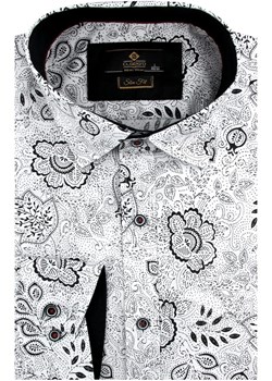 Koszula Męska Elegancka Wizytowa do garnituru biała w kwiatki z długim rękawem w kroju SLIM FIT Classo C273 ze sklepu ŚWIAT KOSZUL w kategorii Koszule męskie - zdjęcie 145456994