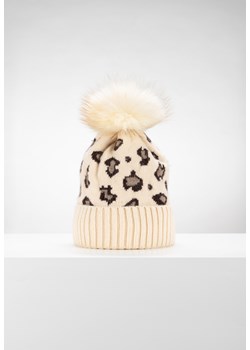 Ecru czapka w panterkę z futrzanym pomponem ze sklepu Molton w kategorii Czapki zimowe damskie - zdjęcie 145762243