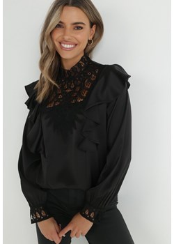 Czarna Bluzka z Falbankami i Ażurową Stójką Azomo ze sklepu Born2be Odzież w kategorii Bluzki damskie - zdjęcie 146030340