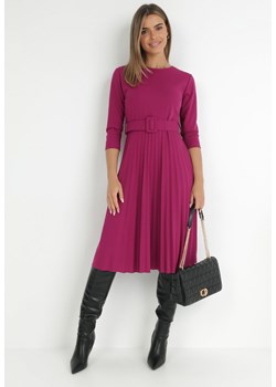 Fioletowa Sukienka Plisowana z Paskiem Gonge ze sklepu Born2be Odzież w kategorii Sukienki - zdjęcie 146395144