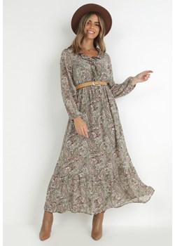 jasnozielona Sukienka z Falbanką przy Dekolcie w Ornamentalny Wzór isha ze sklepu Born2be Odzież w kategorii Sukienki - zdjęcie 146438833