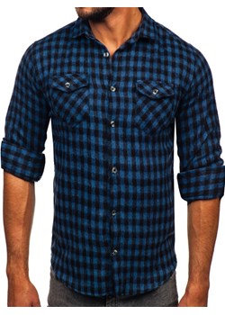 Granatowa koszula męska flanelowa w kratę z długim rękawem Bolf 22701 ze sklepu Denley w kategorii Koszule męskie - zdjęcie 146529530