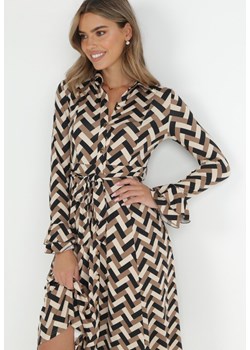 Beżowo-Brązowa Sukienka Koszulowa w Geometryczny Wzór Looroc ze sklepu Born2be Odzież w kategorii Sukienki - zdjęcie 146572441