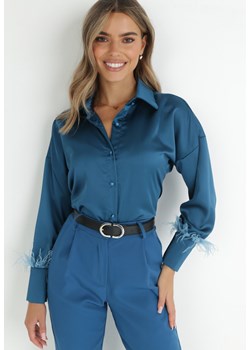 Granatowa Koszula Satynowa z Piórkami przy Rękawie Nicone ze sklepu Born2be Odzież w kategorii Koszule damskie - zdjęcie 146579261