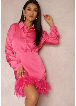 Różowa Sukienka Satynowa z Piórkami na Dole Abira ze sklepu Renee odzież w kategorii Sukienki - zdjęcie 146689380
