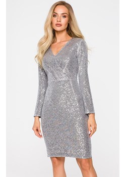 Cekinowa sukienka dopasowana z dekoltem V w kolorze srebrnym M717, Kolor srebrny, Rozmiar L, MOE ze sklepu Primodo w kategorii Sukienki - zdjęcie 146789063