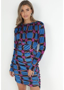 Niebieska Sukienka z Drapowaniem w Geometryczny Wzór Kalma ze sklepu Born2be Odzież w kategorii Sukienki - zdjęcie 146937162