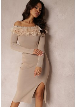 Beżowa Sukienka Dzianinowa z Piórami Thanula ze sklepu Renee odzież w kategorii Sukienki - zdjęcie 147040093