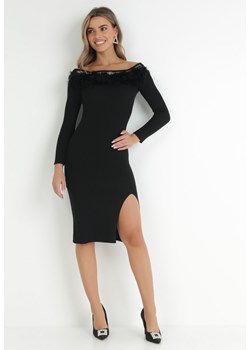 Czarna Sukienka Dzianinowa z Piórami Preta ze sklepu Born2be Odzież w kategorii Sukienki - zdjęcie 147074410