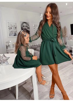 Zestaw sukienek z tiulowymi rękawami mama i córka Malwinna - butelkowa zieleń - butelkowa zieleń ze sklepu pakuten.pl w kategorii Sukienki - zdjęcie 147200284