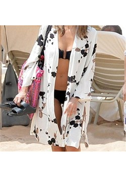 Kimono plażowe za kolana - Biały / Uniwersalny ze sklepu Maybella.pl w kategorii Odzież plażowa - zdjęcie 147239123