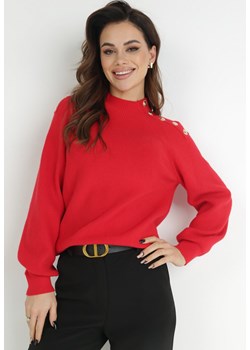 Czerwony Sweter Dzianinowy z Długim Rękawem i Guzikami Omes ze sklepu Born2be Odzież w kategorii Swetry damskie - zdjęcie 147636200