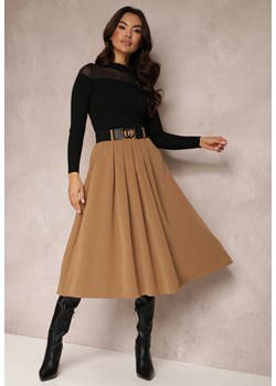 Beżowa Spódnica Rozkloszowana z Paskiem Tenga ze sklepu Renee odzież w kategorii Spódnice - zdjęcie 147710562