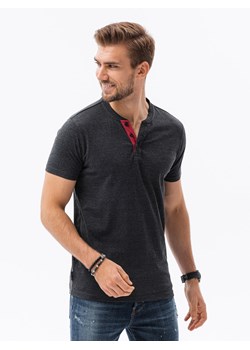 T-shirt męski bez nadruku z guzikami - czarny melanż V4 S1390 ze sklepu ombre w kategorii T-shirty męskie - zdjęcie 147859371