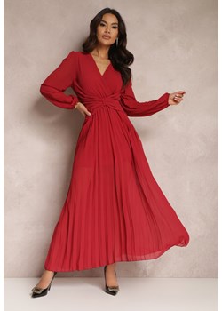 Bordowa Sukienka Maxi Plisowana z Kopertowym Dekoltem Verazi ze sklepu Renee odzież w kategorii Sukienki - zdjęcie 147968874