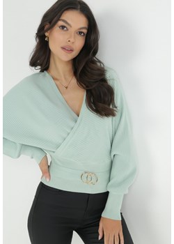 Miętowy Kopertowy Sweter z Klamerką Gelfi ze sklepu Born2be Odzież w kategorii Swetry damskie - zdjęcie 148139153