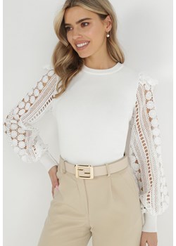 Biały Sweter Elastyczny z Ażurowymi Rękawami Maonra ze sklepu Born2be Odzież w kategorii Swetry damskie - zdjęcie 148313302