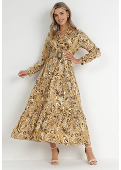 Jasnobeżowa Sukienka z Roślinnym Wzorem i Plecionym Paskiem Nouylas ze sklepu Born2be Odzież w kategorii Sukienki - zdjęcie 148385481