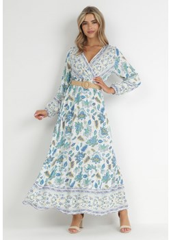 Niebiesko-Biała Sukienka w Kwiaty Rozkloszowana z Paskiem Hosifar ze sklepu Born2be Odzież w kategorii Sukienki - zdjęcie 148385491