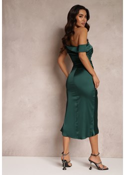 Zielona Satynowa Sukienka o Asymetrycznym Fasonie z Marszczeniem Nermar ze sklepu Renee odzież w kategorii Sukienki - zdjęcie 148431224
