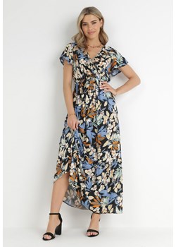 Czarno-Niebieska Sukienka w Kwiaty z Wiskozy z Kopertowym Dekoltem Narma ze sklepu Born2be Odzież w kategorii Sukienki - zdjęcie 148451401