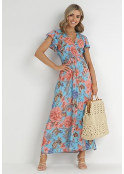 Niebieska Sukienka Maxi w Kwiaty z Gumką w Pasie Shepes ze sklepu Born2be Odzież w kategorii Sukienki - zdjęcie 148455782