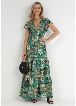 Zielona Sukienka Maxi z Wiskozy z Gumką w Talii i Guzikami Nyllu ze sklepu Born2be Odzież w kategorii Sukienki - zdjęcie 148455793