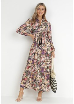Beżowo-Fioletowa Rozkloszowana Sukienka w Kwiaty z Falbanką Remari ze sklepu Born2be Odzież w kategorii Sukienki - zdjęcie 149049790